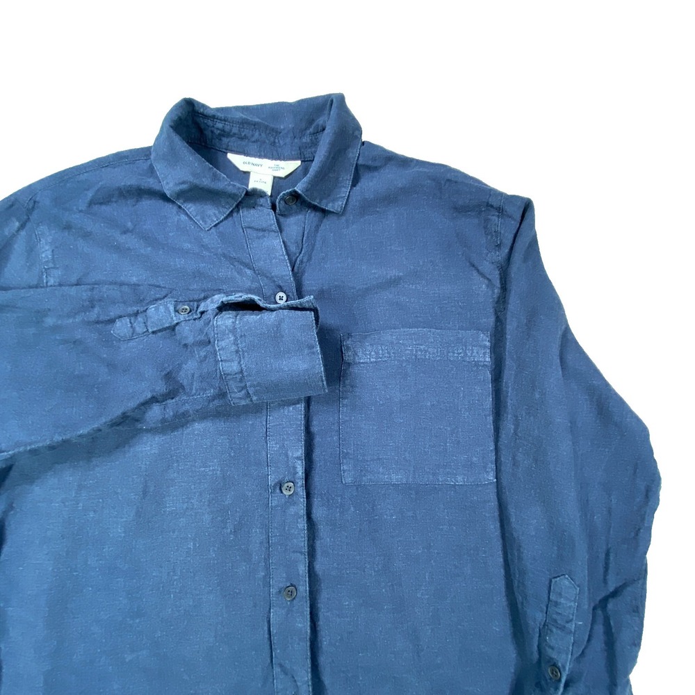 Old Navy Boyfriend Shirt Petite Small Blue Linen Blend Button Long Sleeve Beach